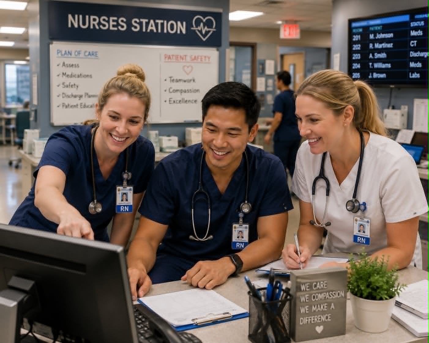 Nursing team consulting together at a nurses station