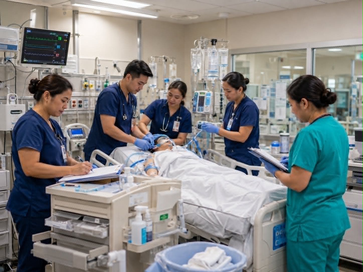 Nursing team providing critical care in an ICU