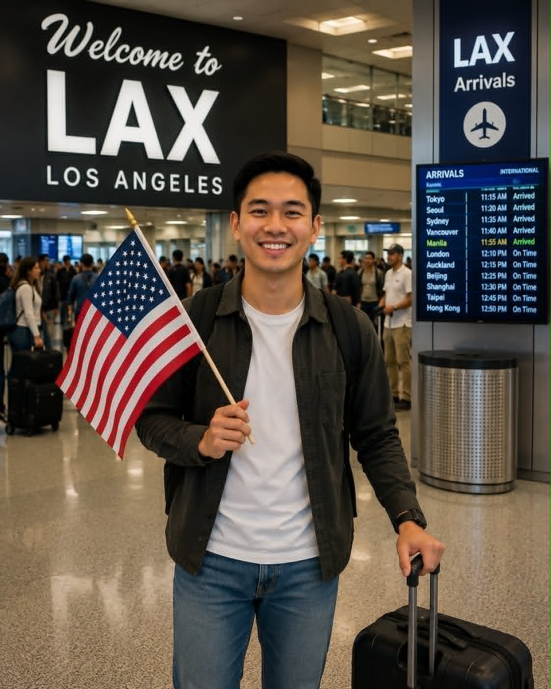 Filipino healthcare professional holding an American flag upon arrival at LAX, ready to start his U.S. career