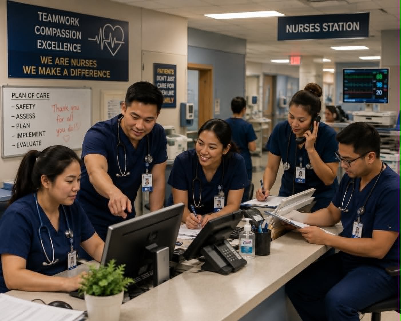 Team of nurses working together at a nurses station