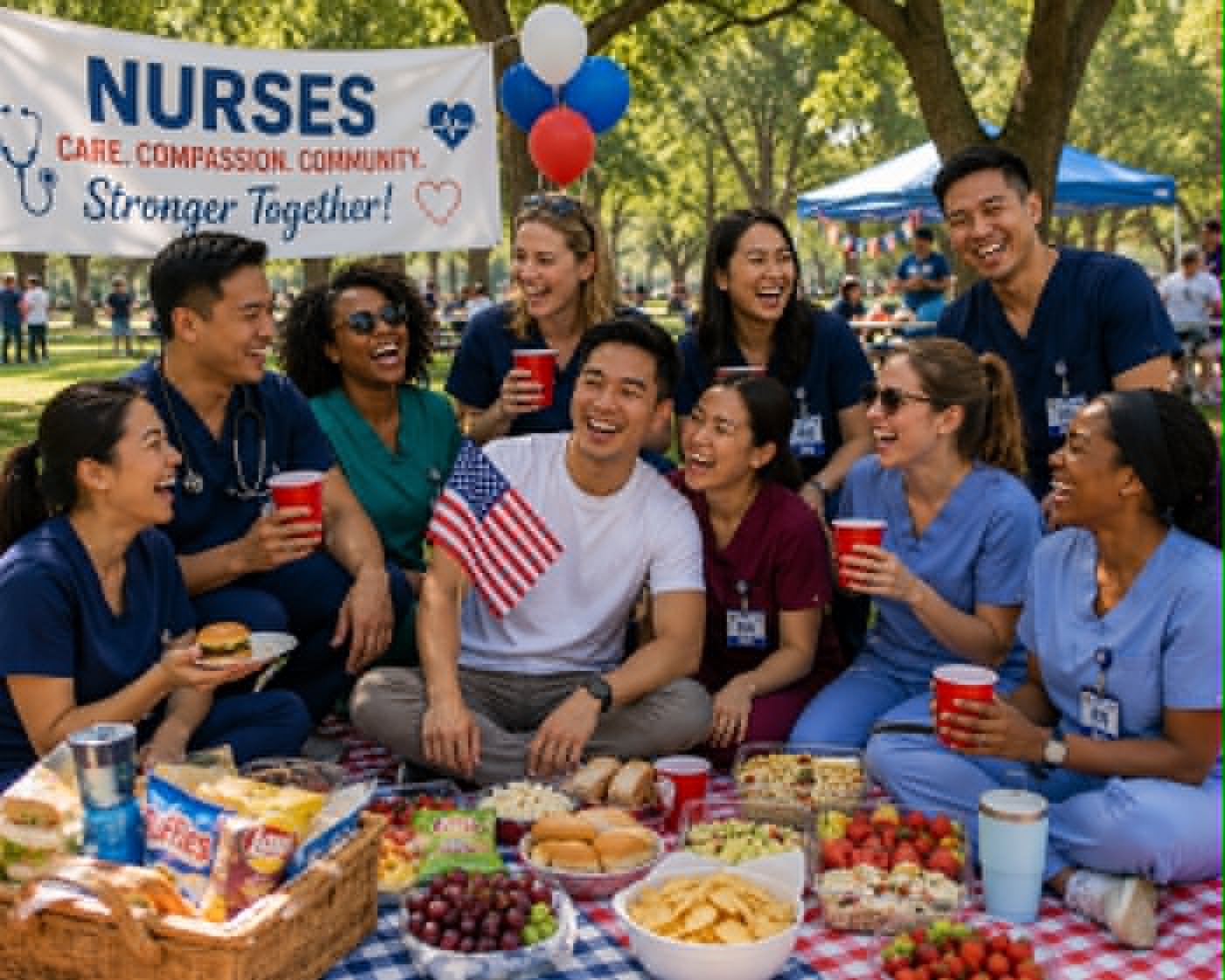 Nurses celebrating together at a community picnic